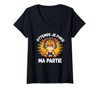 Femme Attends Je Finis Ma Partie Drôle Humour Gaming Chat Gamer T-Shirt avec Col en V