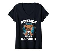 Femme Attends Je Finis Ma Partie Drôle Humour Gaming Chien Gamer T-Shirt avec Col en V
