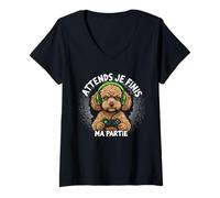 Femme Attends Je Finis Ma Partie Drôle Humour Gaming Chien Gamer T-Shirt avec Col en V