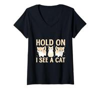 Femme Attends, Je Vois Un Chat T-Shirt avec Col en V