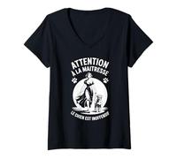 Femme Attention à La Maîtresse Le Chien Est Inoffensif T-Shirt avec Col en V