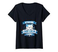Femme Attention Chat Câlin à Bord Humour Chat T-Shirt avec Col en V