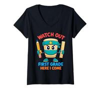 Femme Attention First Grade Here I Come Back To School Ninja Kids T-Shirt avec Col en V