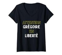 Femme Attention Grégoire en Liberté Cadeau Drôle Prénom T-Shirt avec Col en V