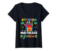 Femme Attention Maîtresse J'Arrive - Humour École Rentrée Scolaire T-Shirt avec Col en V