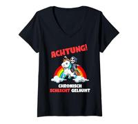 Femme Attention Mauvaise Humeur Chronique Death Reaper on Unicorn T-Shirt avec Col en V