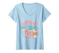 Femme Attrape-Moi au Bord de la mer pour Amoureux de la Plage T-Shirt avec Col en V