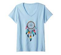 Femme Attrape-rêves avec Plumes Indiens d'Amérique Dreamcatcher T-Shirt avec Col en V