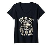 Femme Attrape-rêves bohème Style amérindien Loup Esprit Animal T-Shirt avec Col en V