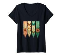 Femme Attrape-rêves Papillon Jaune Orange Bleu Fleurs T-Shirt avec Col en V