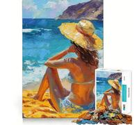 Femme au Chapeau sur la Plage Puzzle Adulte 1000 pièces Jeu cognitif Emboîtement précis sans espaces Activité apaisante pour se détendre (50x75cm)