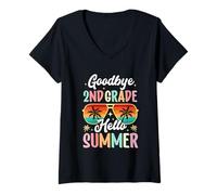 Femme Au revoir 2e année Bonjour d'été Jour d'école Deuxième année T-Shirt avec Col en V
