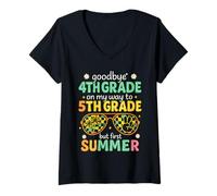Femme Au revoir 4e année Hello 5e année Groovy Last Day of School T-Shirt avec Col en V