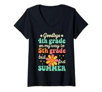 Femme Au revoir 4e année Hello 5e année Groovy Last Day of School T-Shirt avec Col en V