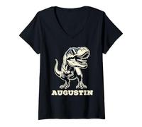 Femme Augustin Cadeau Prénom Personnalisé Garçon Dinosaure T-Shirt avec Col en V