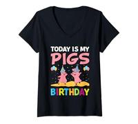 Femme Aujourd'hui C'est l'anniversaire de Mon Cochon T-Shirt avec Col en V