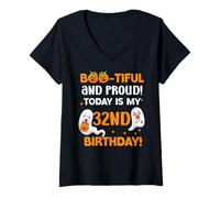 Femme Aujourd'hui, C'est Mon Trente-deuxième Anniversaire ! Fantôme, Anniversaire, Halloween T-Shirt avec Col en V