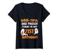 Femme Aujourd'hui, C'est Mon Vingt et unième Anniversaire ! Fantôme, Anniversaire, Halloween T-Shirt avec Col en V