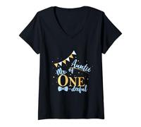 Femme Auntie of Mr. One-Derful Party, 1er Anniversaire d'un garçon Bleu-doré T-Shirt avec Col en V