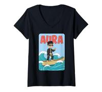 Femme Aura Cartoon Boy on Waves avec Lunettes de Soleil et Bateau T-Shirt avec Col en V