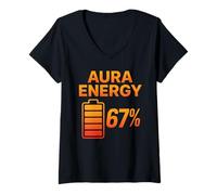 Femme Aura Energy 67 Meme Funny Internet Blague Rétro Tendance Humour T-Shirt avec Col en V