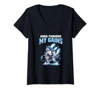 Femme Aura Farming My Gains Wolf Gym Fitness Bodybuilding Fan T-Shirt avec Col en V