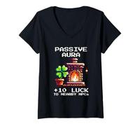 Femme Aura passive : +10 chance aux PNJ à proximité | Pixel Buff T-Shirt avec Col en V