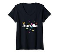 Femme Aurelia - Joli prénom de Fille avec des Papillons colorés T-Shirt avec Col en V