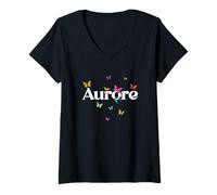 Femme Aurore - Joli prénom de Fille avec des Papillons colorés T-Shirt avec Col en V