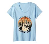 Femme Austin Texas Guitare Skyline Retro Music Art T-Shirt avec Col en V