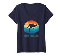 Femme Australie Retro Kangourou | Australia Kangaroo Aussie Sunset T-Shirt avec Col en V, Bleu Marine, S