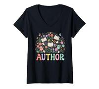 Femme Auteur écrivain Floral Books Nature Creative Design T-Shirt avec Col en V