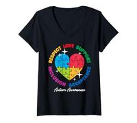 Femme Autism Awareness Respect Love Support Blue Autism T-Shirt avec Col en V