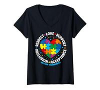 Femme Autism Awareness Respect Love Support Blue Autism T-Shirt avec Col en V