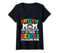 Femme Autism Mom Raising Hero Groovy Messy Bun Autism Awareness T-Shirt avec Col en V