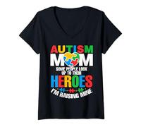 Femme Autism Mom Raising Hero Groovy Messy Bun Autism Awareness T-Shirt avec Col en V