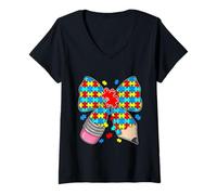 Femme Autism Puzzle Bow Crayon Enseignant T-Shirt avec Col en V