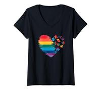Femme Autisme Coeur Arc-en-Ciel Trouble du Spectre de T-Shirt avec Col en V