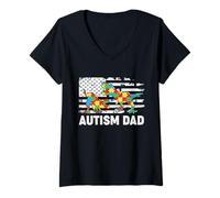 Femme Autisme Entre père et Fils et Sensibilisation à l'Autisme T-Shirt avec Col en V