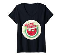 Femme Autocollant Vintage Scratch and Sniff Pastèque, Melon Power T-Shirt avec Col en V