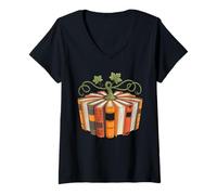 Femme Automne Amoureux des Livres d'automne Citrouille Bookish Vibes T-Shirt avec Col en V