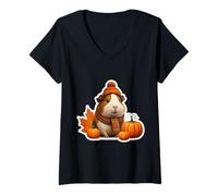 Femme Automne Automne Cochon d'Inde Propriétaire Amoureux des Animaux de Compagnie Thanksgiving Citrouille T-Shirt avec Col en V