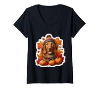 Femme Automne Automne Vizsla propriétaire de Chien à Poil Dur Thanksgiving Maman Papa T-Shirt avec Col en V