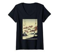 Femme Automne, Minimaliste Japonais Ukiyo-e Block T-Shirt avec Col en V