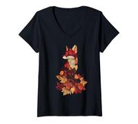 Femme Automne Renard Feuilles Automne Nature Forêt Animal T-Shirt avec Col en V