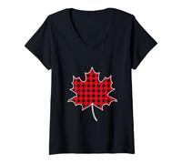 Femme Automne Saison Maple Leaf Red Buffalo Plaid T-Shirt avec Col en V