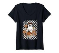 Femme Autumn Fall Ghost Checkered Thanksgiving Design. Woman T-Shirt avec Col en V
