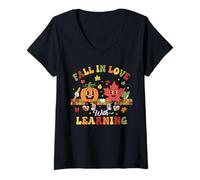Femme Autumn Pumpkin Teacher Retro Fall in Love with Learning T-Shirt avec Col en V