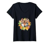Femme Autumn Wolf Portrait Feuille d'érable Aquarelle Wildlife Art T-Shirt avec Col en V