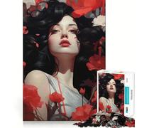 Femme aux Cheveux Noirs et aux Fleurs Rouges Puzzle de 1000 pièces pour Adolescents Jeu de Stimulation Cognitive Aucun Espace Ajustement Parfait Format Compact Amusant pour des Moments de Jeu